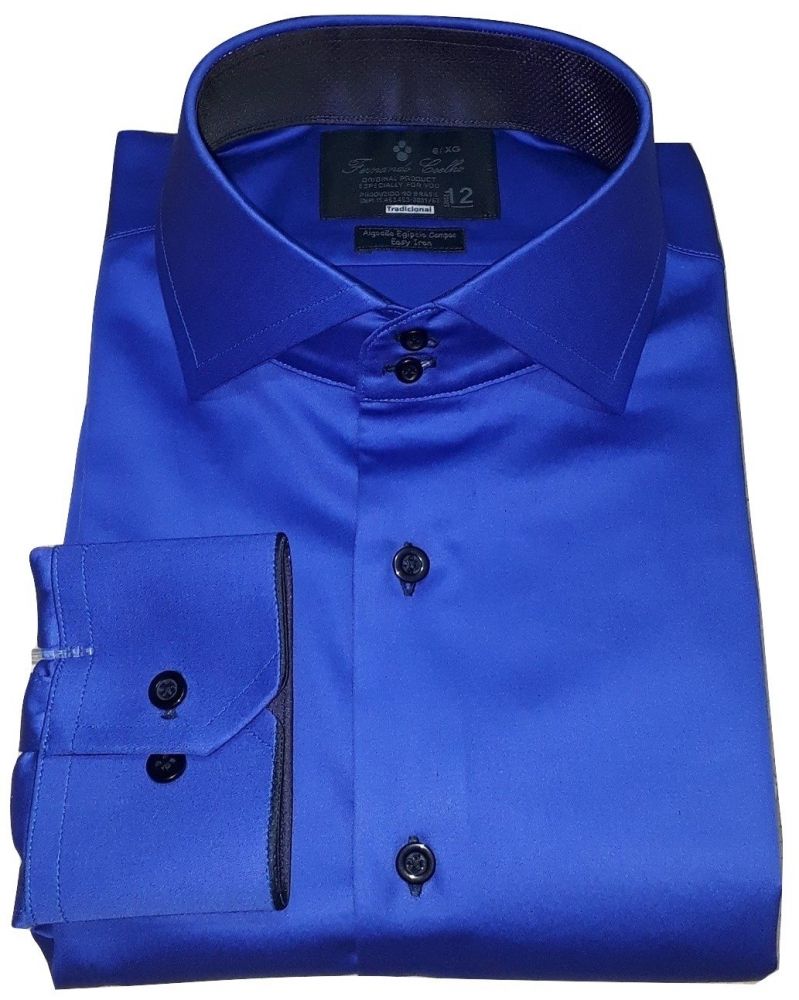 Camisa Social Azul Royal Lisa Sport Gola Dupla  Algodão Fio 80 Imagem 1